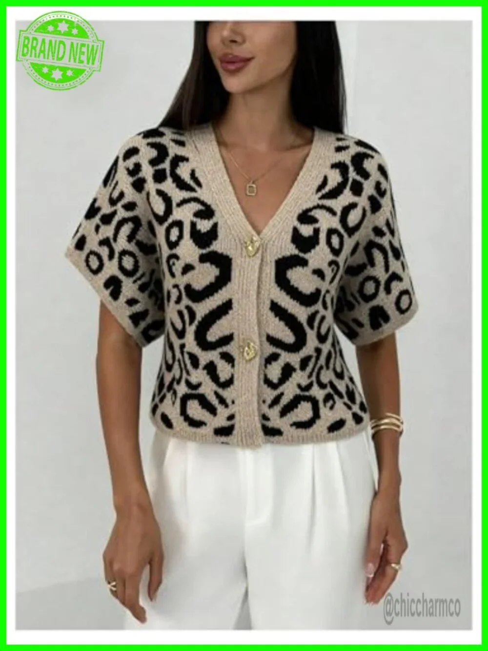 Leopard Print Short Sleeve Cardigan V Neck Knit Button Up Sweater